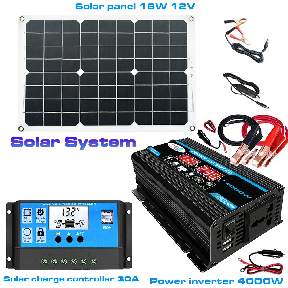 KMIND Solar Kit Power Station Set，300W 12V to 220V /110V Inverter + 18W Solar Panel + 30A Controller for Home Outdoor Car