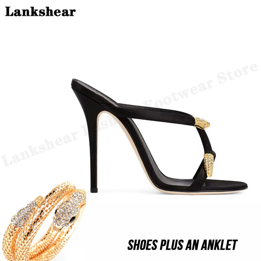 

Summer New Rhinestone Snake-Shaped Winding Stiletto Sexy Black All-Match High-Heeled Sandals for Women Size 34-39