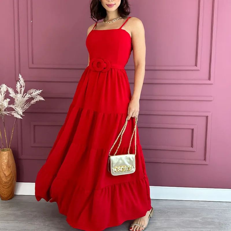 2023 Summer Women for Dress Border New Product Dress Fashion Sexy Solid Color Breast Wrap Draw Pleated Big Swing Cake Dress