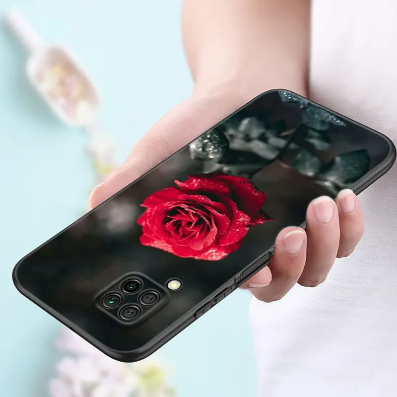 Bright Red Rose Flowers Case For Huawei P50 P40 P30 P20 Pro P10 P9 P8 Lite 2017 P Smart Z S 2021 2020 Pro 2019 2018 Black Cover