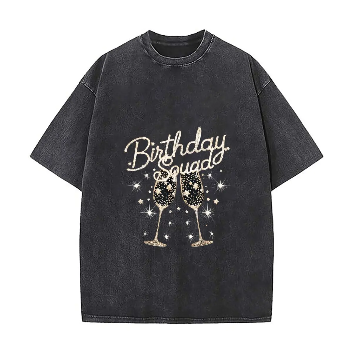 Glitter Birthday Squad Champagne Glasses Stars Party Decor Distressed Vintage Oversized Streetwear Tops for Coffee Dates