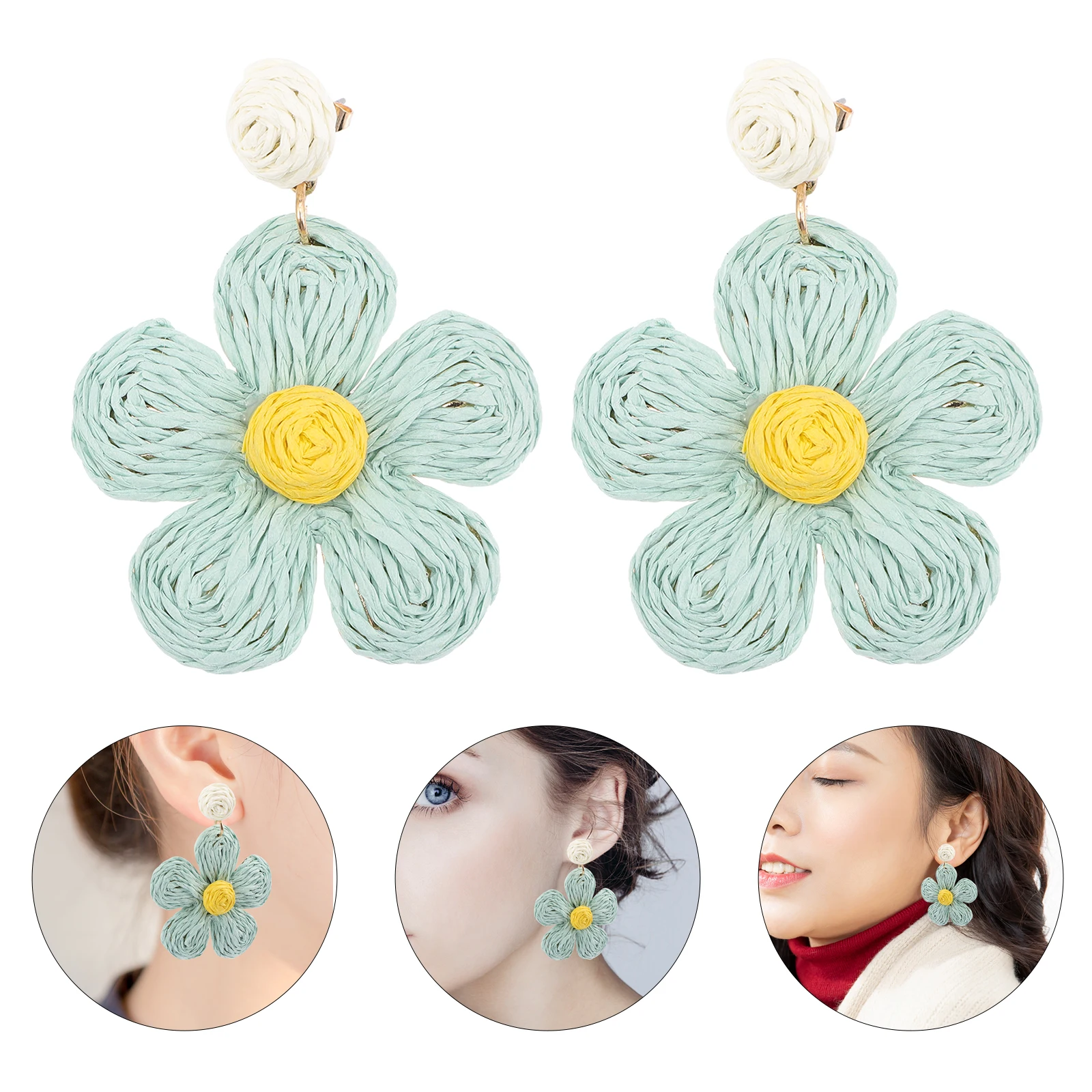 

Raffia Flower Earrings Women Dangle Hawaii Party Jewelry Weaving Material Safe Durable Skin Friendly Wide Uses Birthday