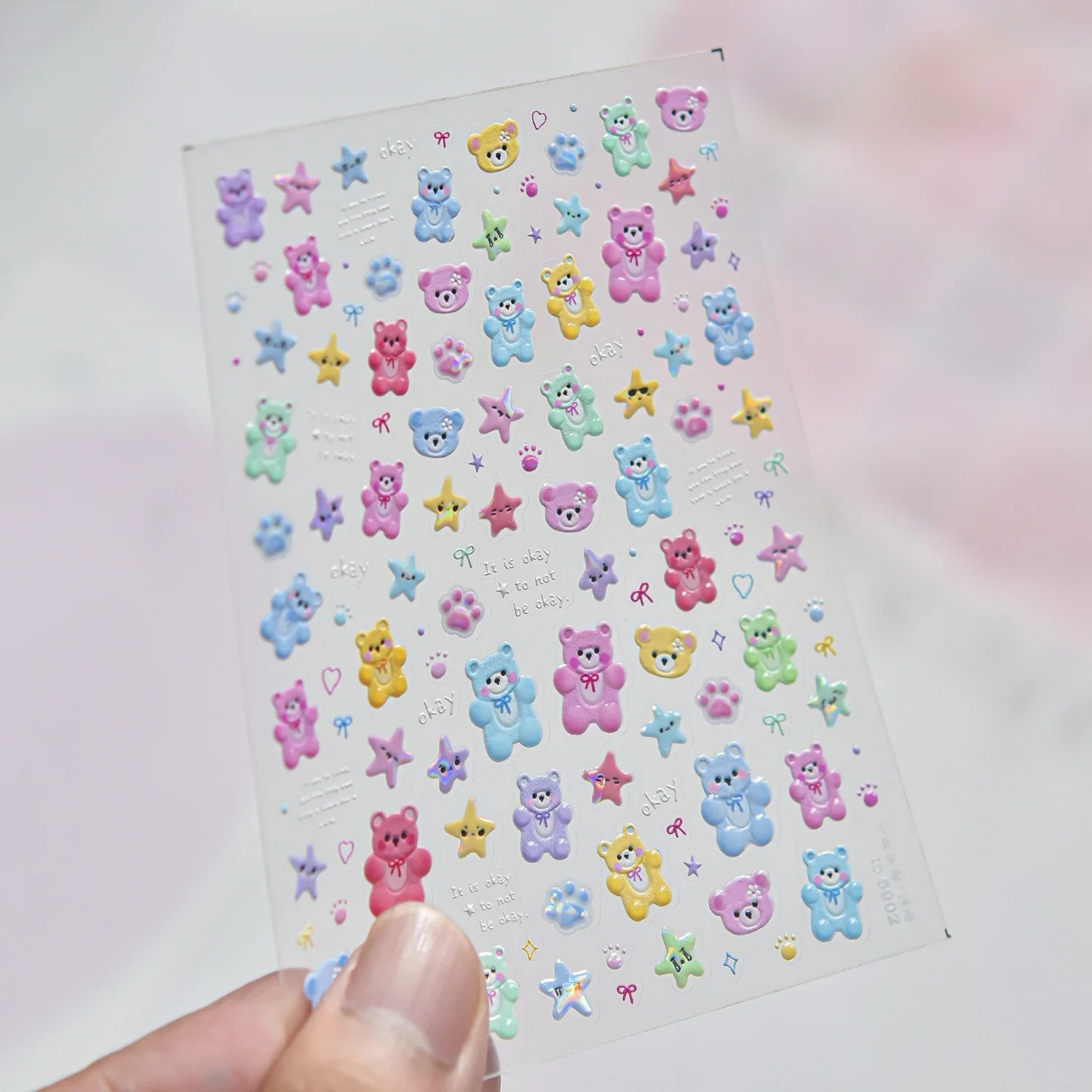 Bären-Stern-Thema 5D Nagelkunst-Aufkleber Mehrfarbiger Farbverlauf Bär Schleife Herz Cartoon Haustier Selbstklebende Nagelsticker Maniküre DIY
