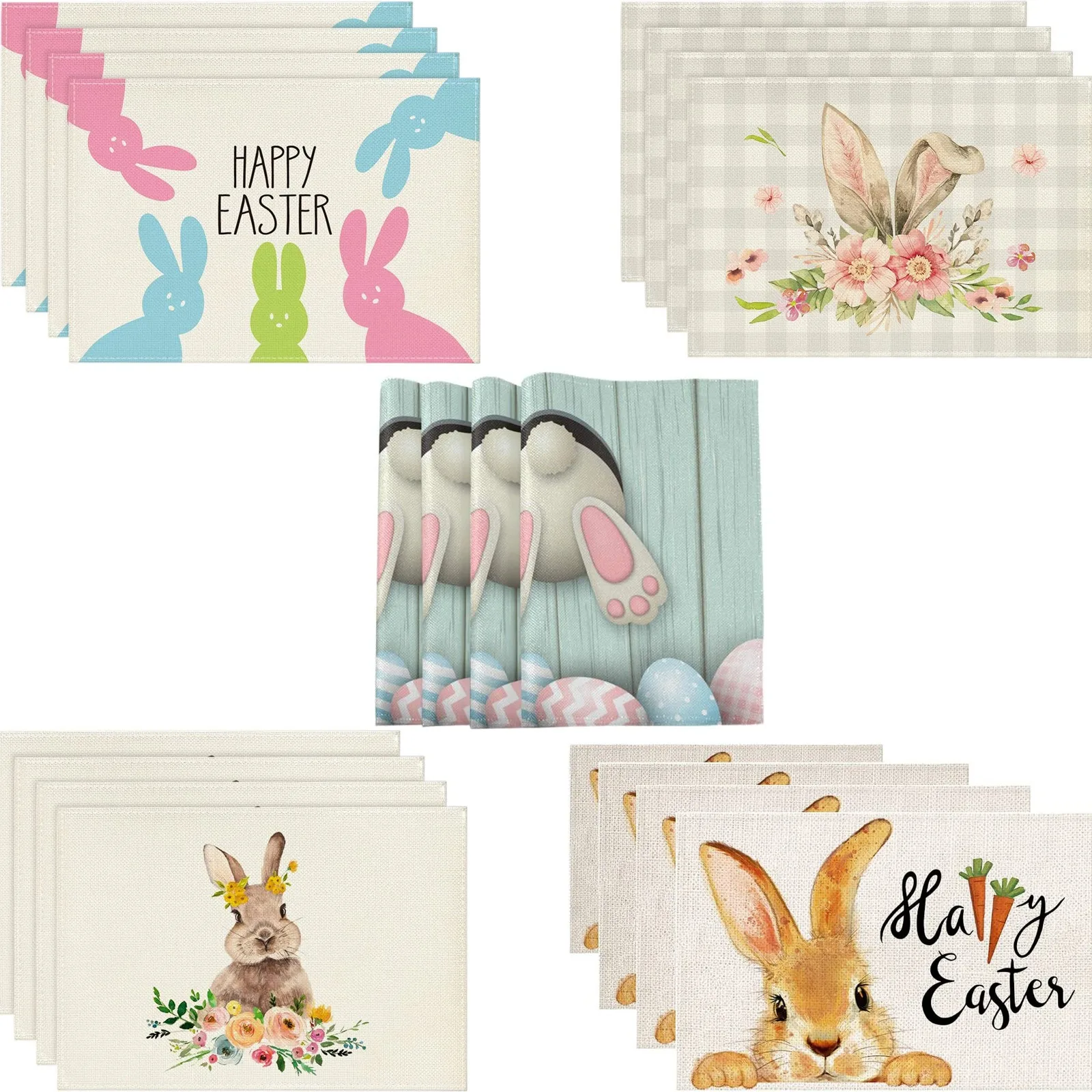 Rabbit Bunny Happy Easter Placemats Set Seasonal Spring Table Mats for Party Kitchen Dining Decoration