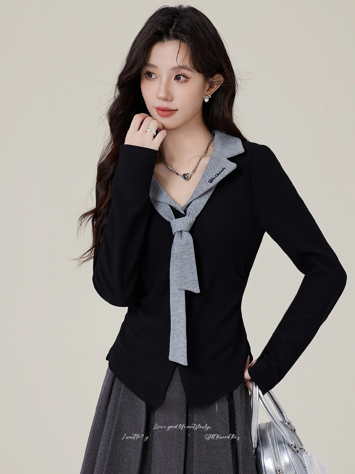 

American Retro College Sle Patchwork Knitwear Women's Long Sve irt Autumn Winter New Faion Slim Fit Warm Top