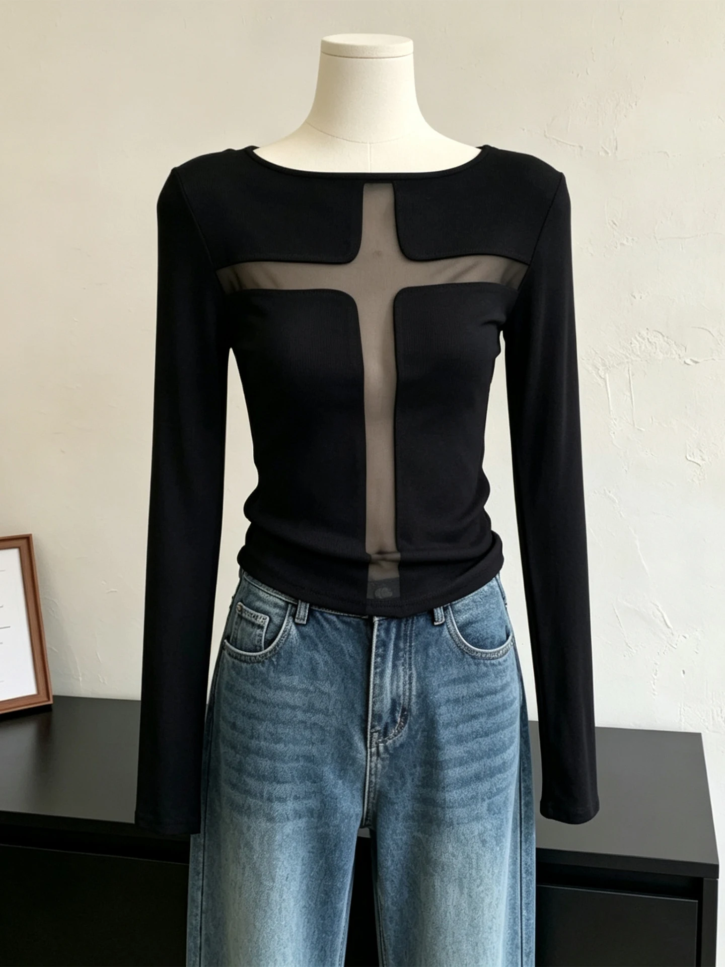 plus Size Mesh Base Shirt Women's Cross See through Two Sided Early Autumn Spicy Girl Top American Style Long Sleeve round Neck