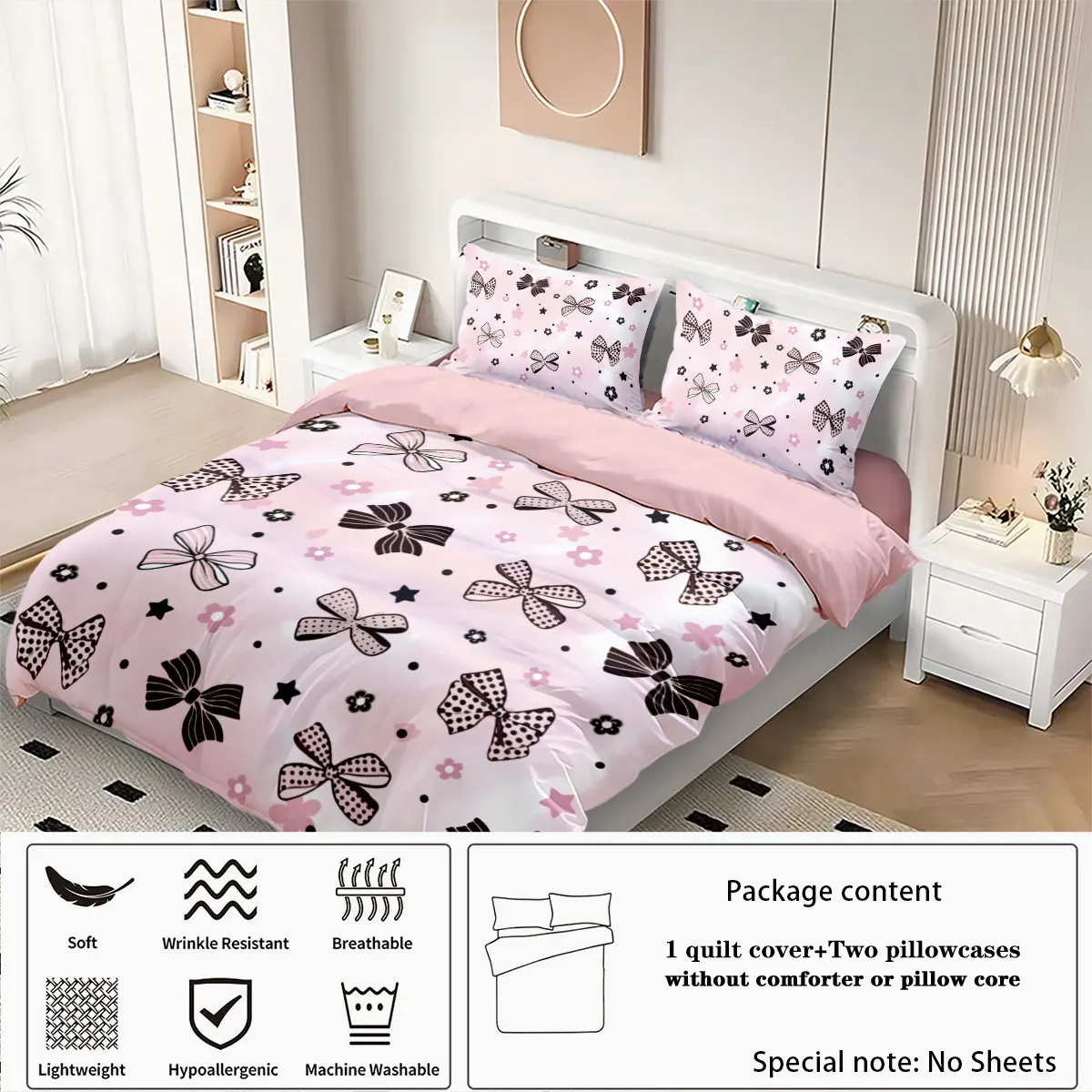 3Pcs bedding set newfashioned Cute bow tie single Twin Queen patternsSize With 2Pillowcases soft and comfort Bedding accessories