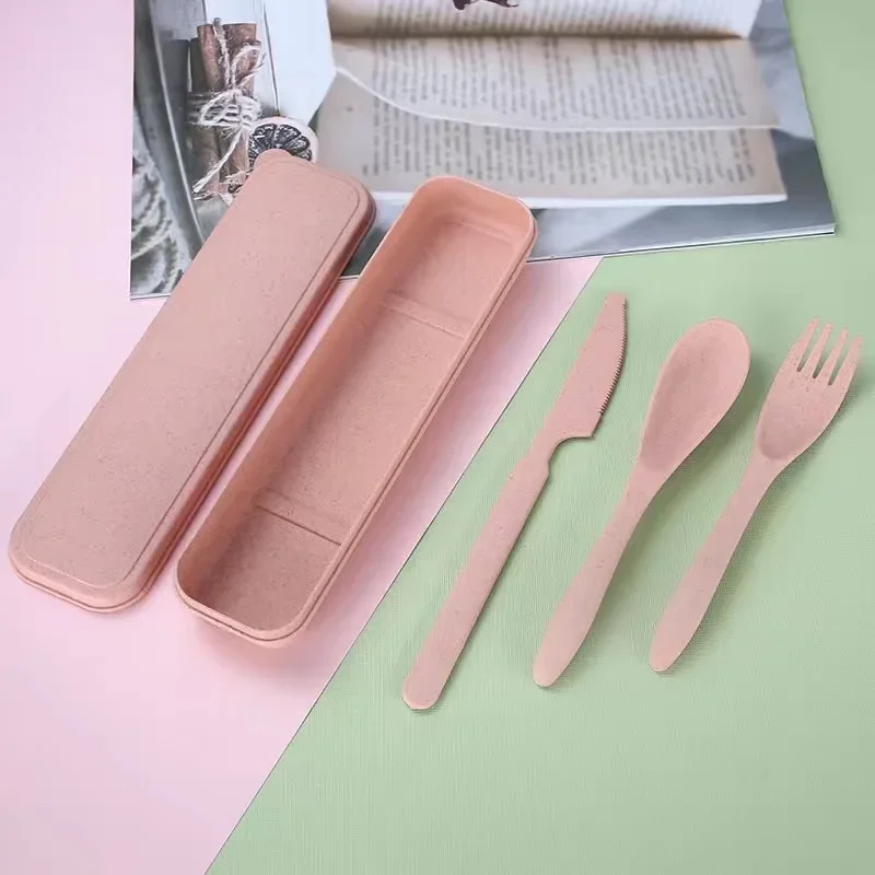 Colorful Wheat Straw Knife Fork Spoon Set with Storage Box Outdoor Camping Portable Plastic Tableware Student Lunch Cutlery Set