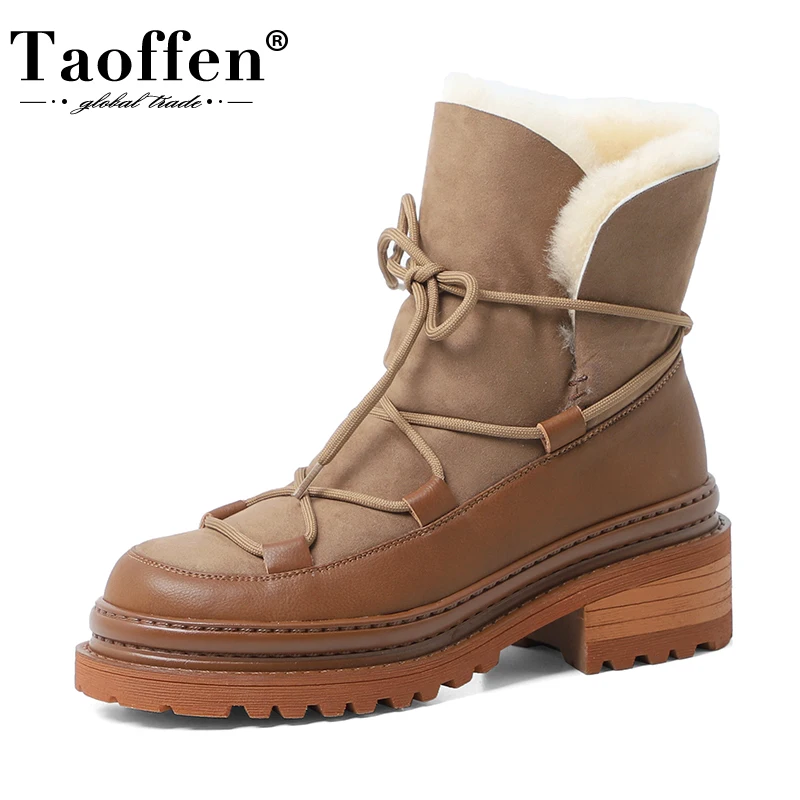 

Taoffen Real Sheep Skin Leather Winter Snow Boots Platform Thick Sole Waterproof Lady Flat Shoes Warm Fur Women Sheep Wool Boots