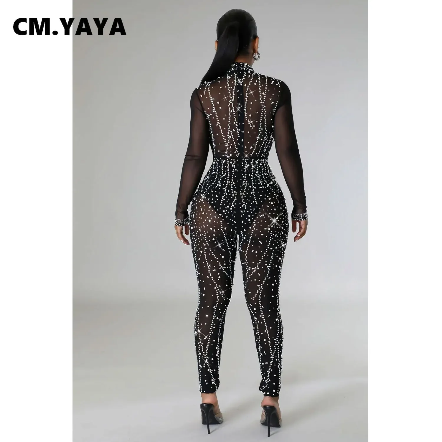 CM.YAYA Women Mesh See Though Diamond Hot Rhinestones Long Sleeve Jumpsuit 2024 Chic Sexy Party One Piece Suit Romper Playsuit