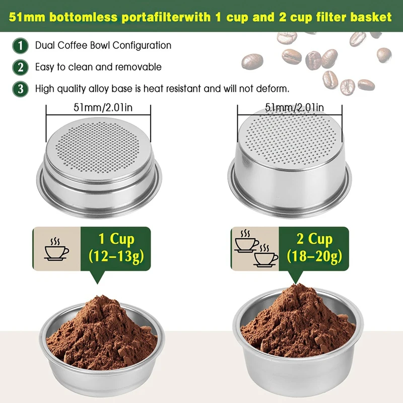 Portafilter 51 mm for Dedica EC680/EC685 Coffee Machine, Bottomless Portafilter with Filter Baskets-A09G