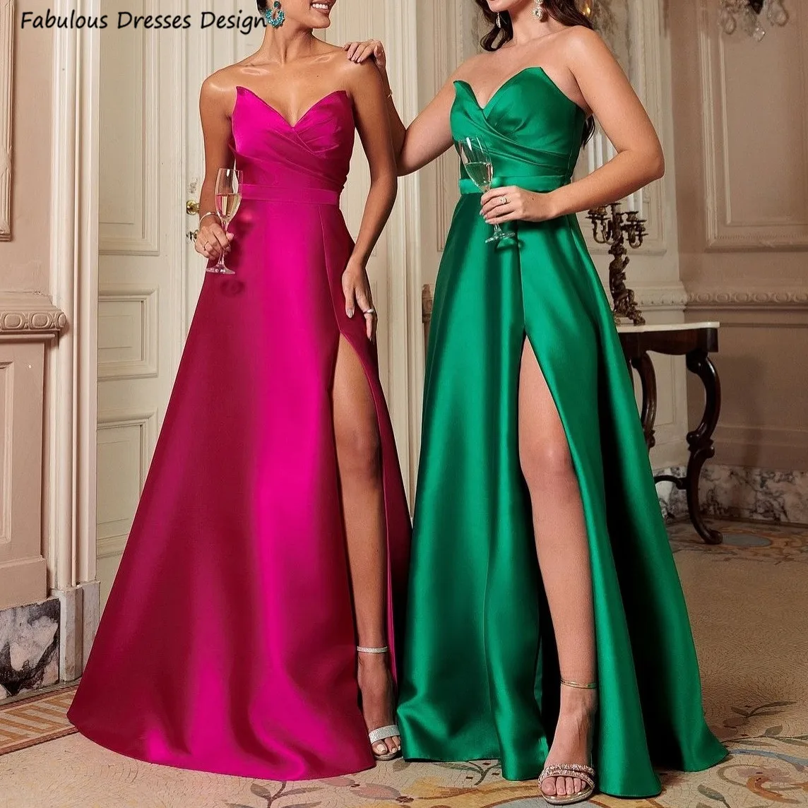 

Satin Long A-line Bridesmaid Dresses Strapless V-neck Backless Wedding Guests Dress Sexy High Slit Prom Party Gowns