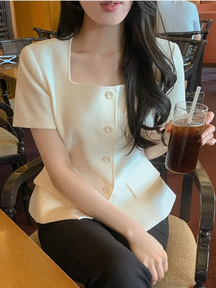Elegant Short Sleeve Short Coat Korean Retro Style Women's Fashion Square Collar Slimming Effectiveness Smart Casual Top