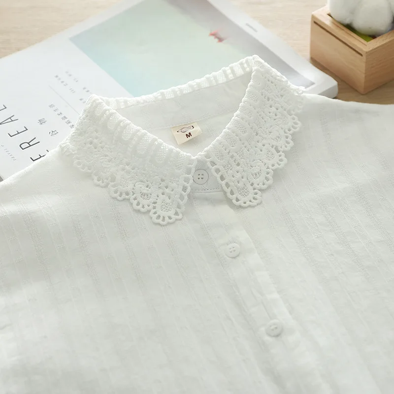 New Spring Cotton Sweet Long Sleeve Shirt Women Lapel Lace Top Girl Loose Retro White Casual Blouses 2024 Summer T44848QM