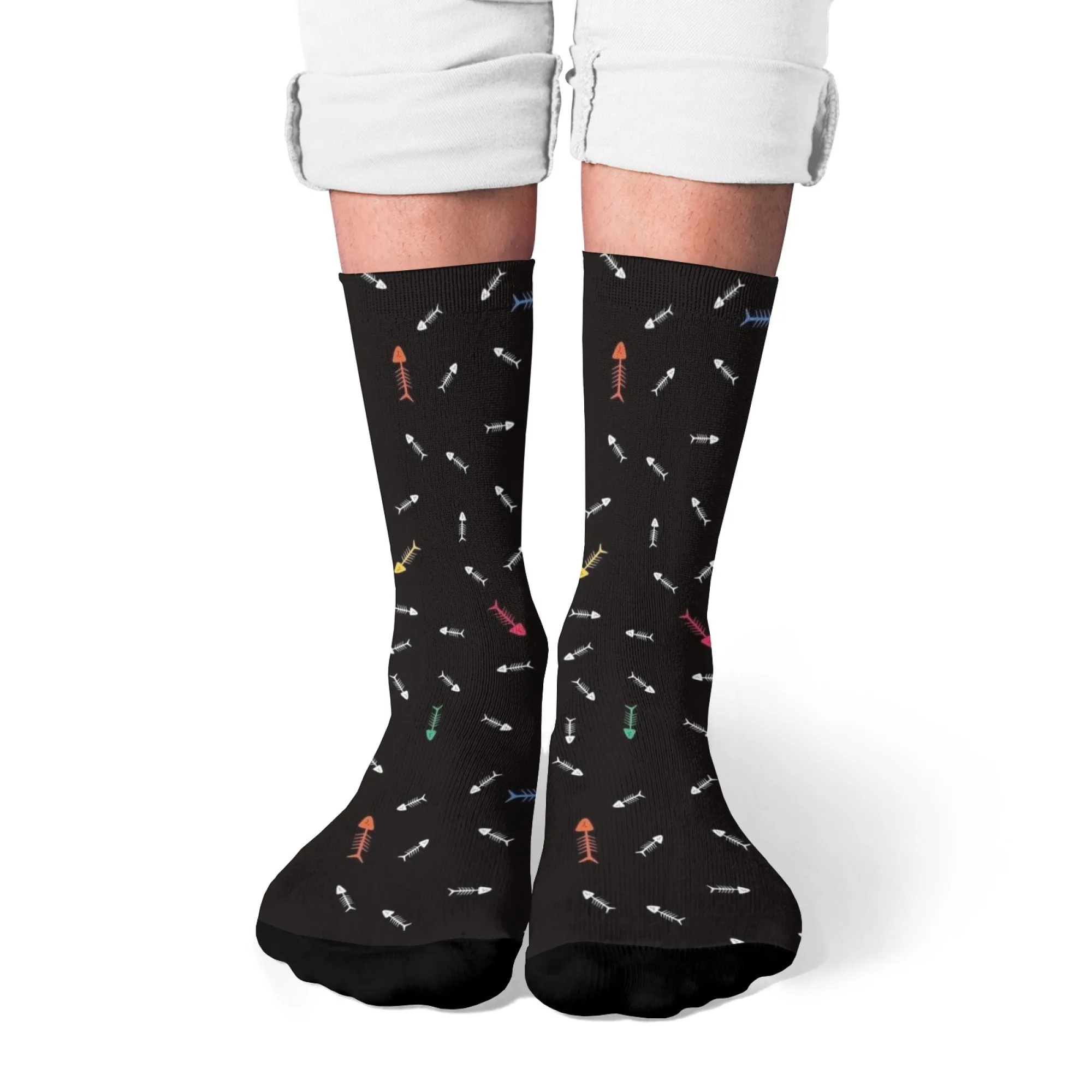 1 Pair Unisex Minimalist Cute Fish & Bone Art Crew Socks Black Colorful Fish Print Soft Comfortable for Marine Life Enthusiasts