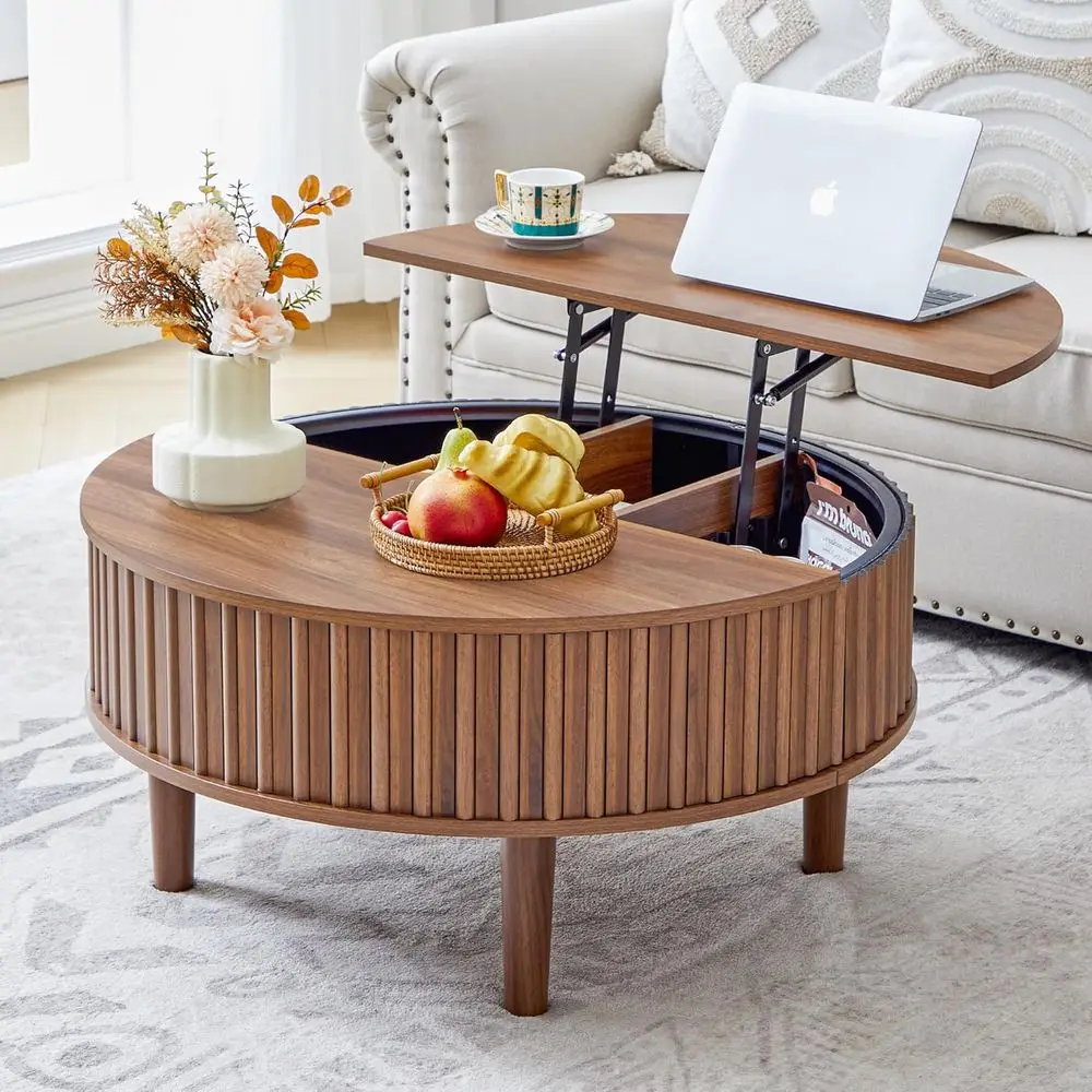 Mid-Century Modern Coffee Table with Storage, 31.5 Diameter, Suitable for Small Spaces, Walnut Finish