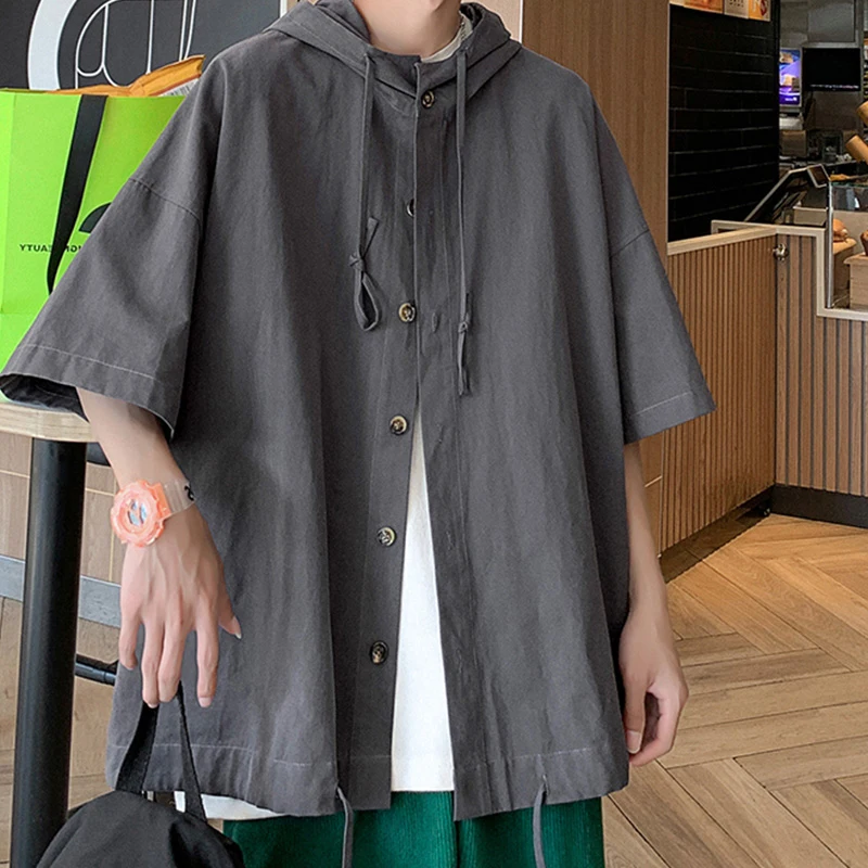 

Retro ey Japanese Sle Men's irt with Hat Five-Quarter Sve Thin ort Sve Outerwear Summer Faionable Youthful