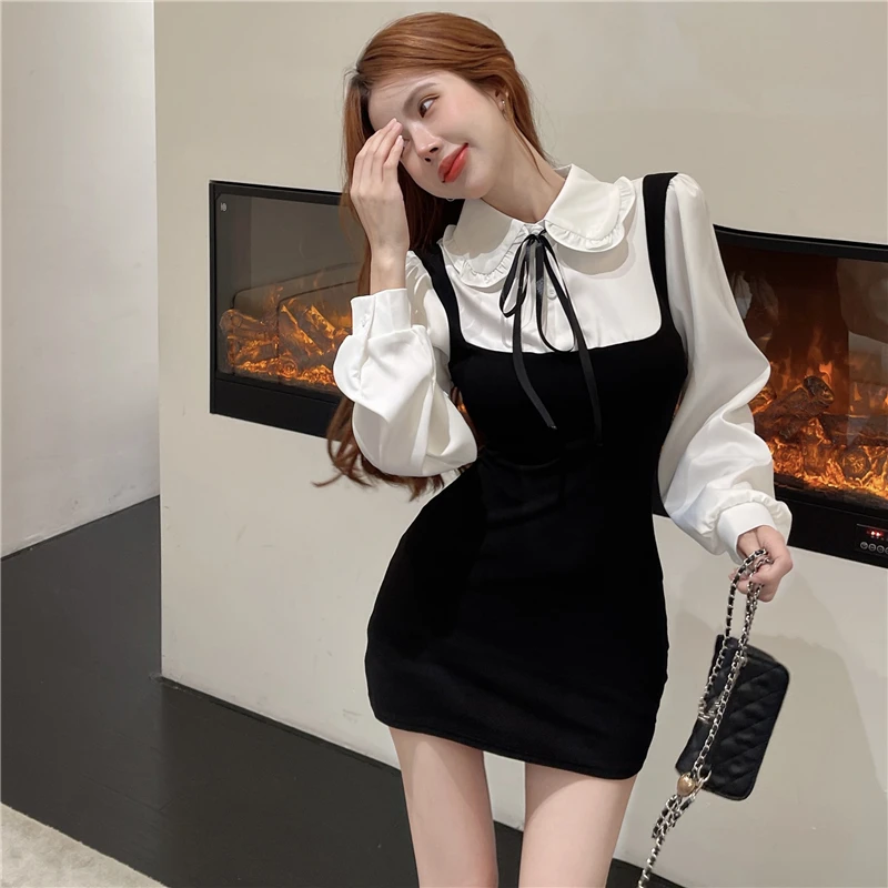 Estilo coreano camisa feminina vestido design de moda gola boneca manga comprida arco falso vestido de duas peças chique preto branco contraste vestido