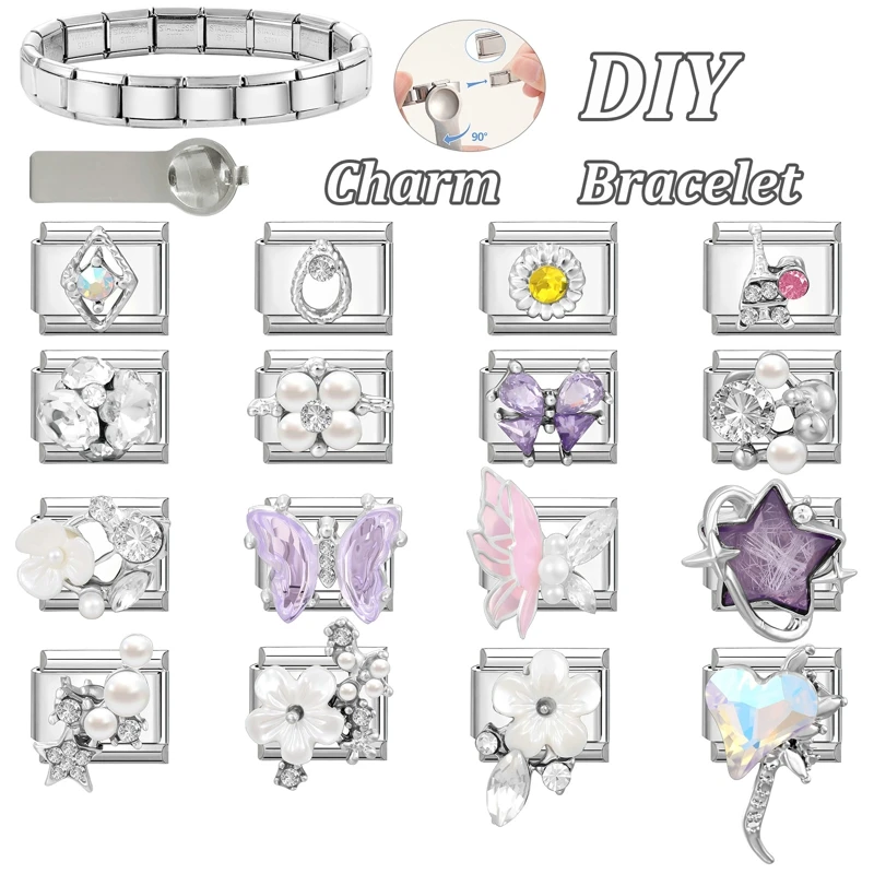 Fashion Pink Butterfly Romantic Flower Heart Shiny Italian Charm Links Fit 9mm Bracelet Stainless Steel DIY Making Jewelry Gifts