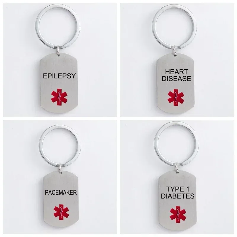 Stainless Steel Dog Tag Key Chain Medical Alert ID TYPE 1 DIABETES KeyChains for Men Woman Accessories