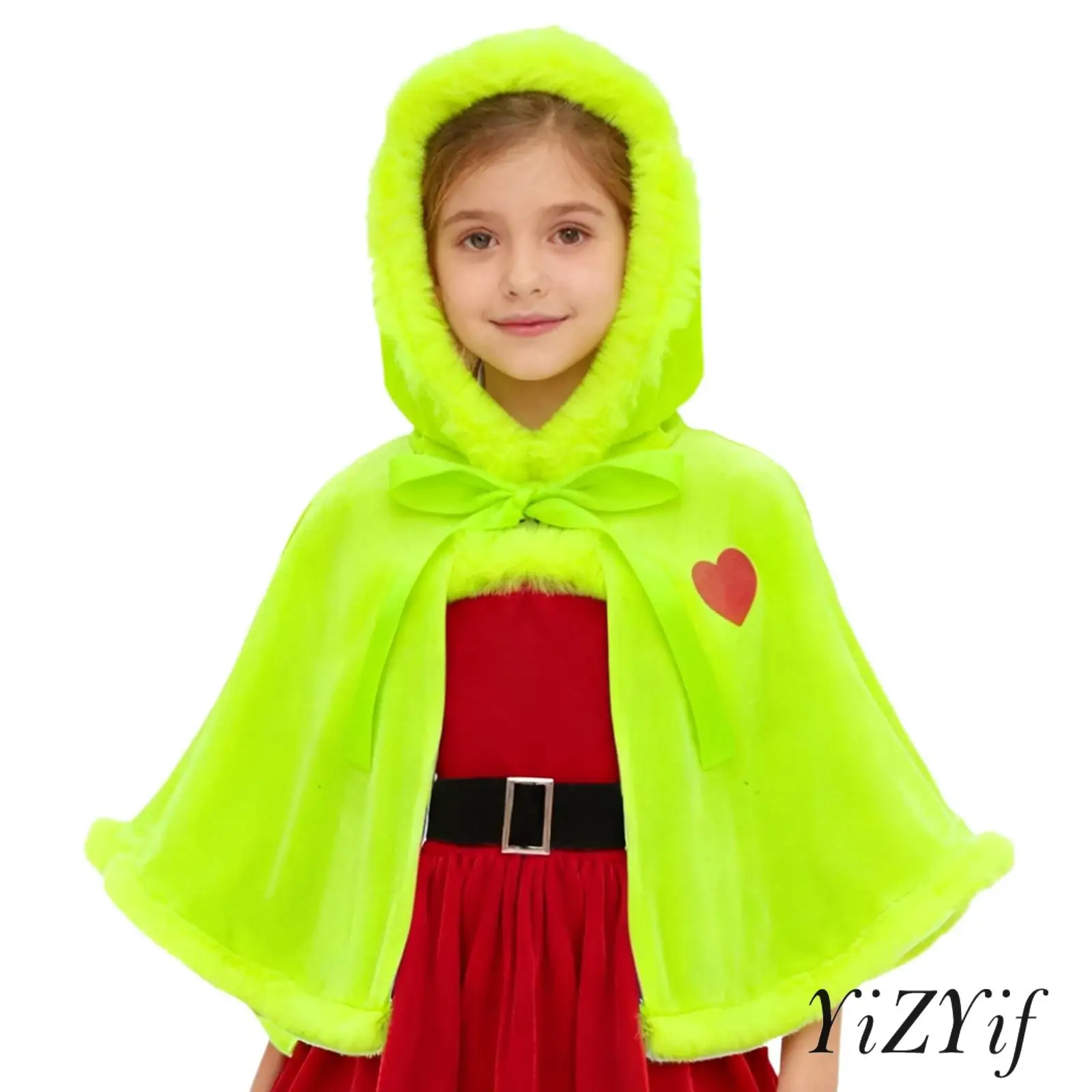 

Kids Girls Christmas Dress Up Costumes Color Contrast Plush Trim Sleeveless Dress Seamed with Waistbelt Hooded Shawl Cape