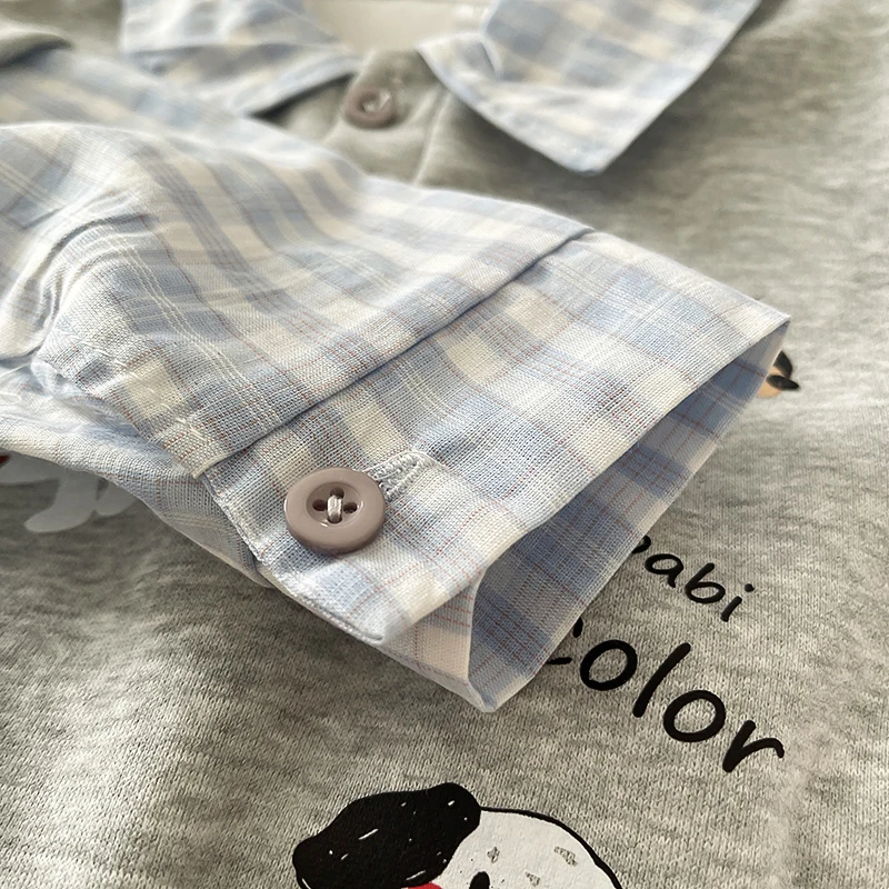 2-teiliges Kleidungsset für Jungen, künstlich zweiteiliger, kariertes Polo-Sweatshirt mit Cartoon-Hund-Aufdruck + Jeanshose mit elastischem Bund, Frühling – Detail 7