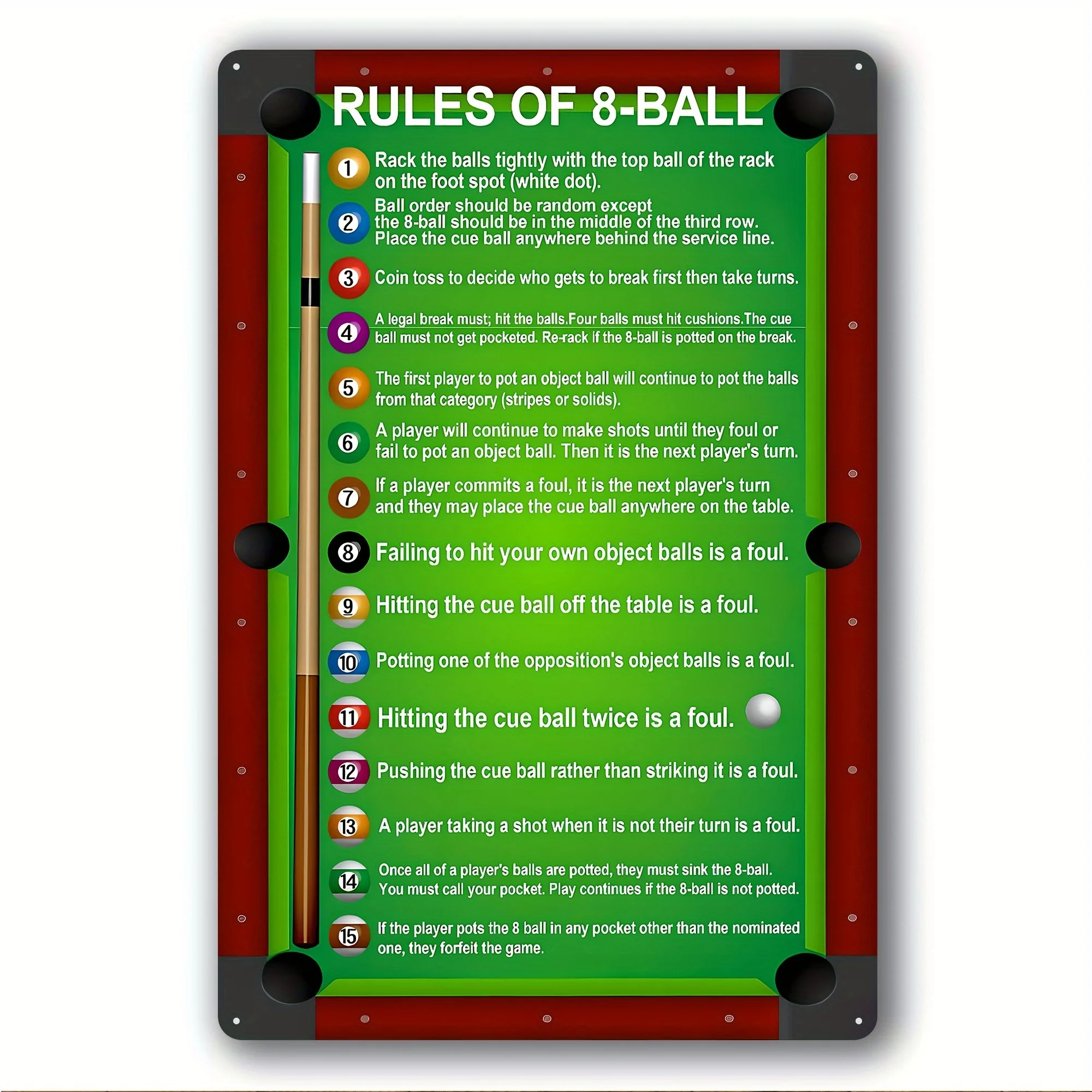 Letrero de metal vintage de 8 reglas de bolas, arte impermeable para piscina, adecuado para el hogar, bar, cafetería, garaje, fácil de colgar, decoración duradera