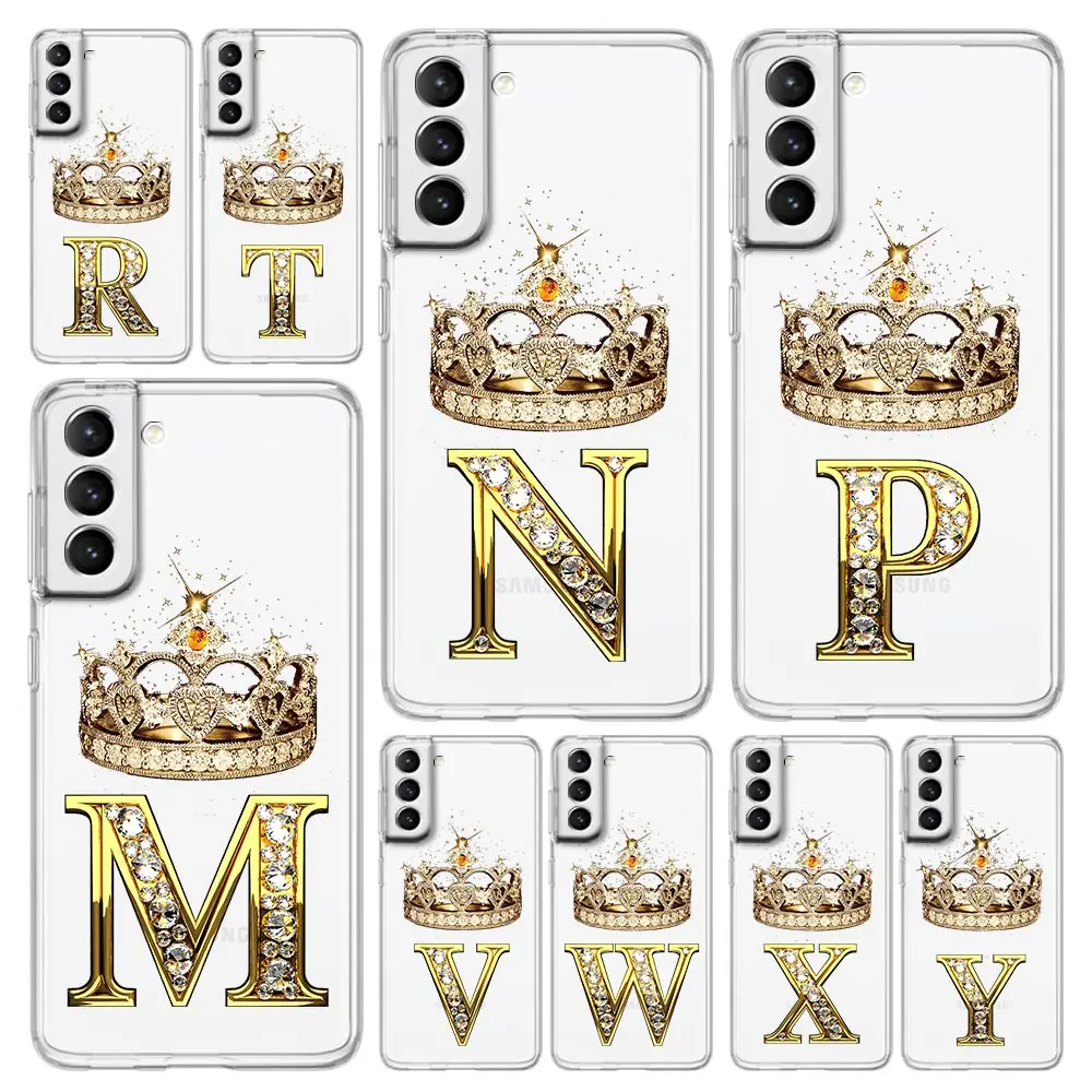 Diamond Crown Letter 26 Letters Clear Phone Case For Samsung Galaxy S24 Plus S23 FE S22 S21 S20 Ultra 5G S10 S10E S9 S8 Cover