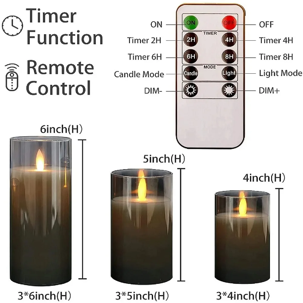 Juego de velas eléctricas sin llama para boda, lámpara Led parpadeante de 4/5/6 pulgadas con batería de vidrio acrílico, vela falsa a granel, 3