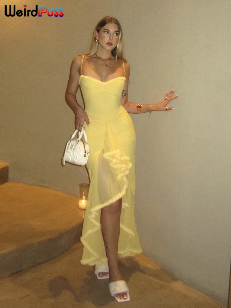Strano Puss Ruffles Vestito dalla fasciatura Donna Sexy Backless Senza maniche Nappa Collo in pizzo Vedere attraverso le fessure Orlo Prom Party Lungo aderente