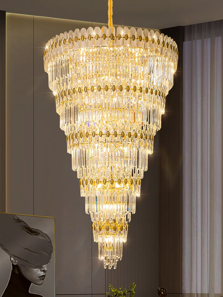 Gold Finish Large Crystal Pendant Chandelier E14 Long Lustre de cristal for Villa Stairwell Hotel Project suspension Light