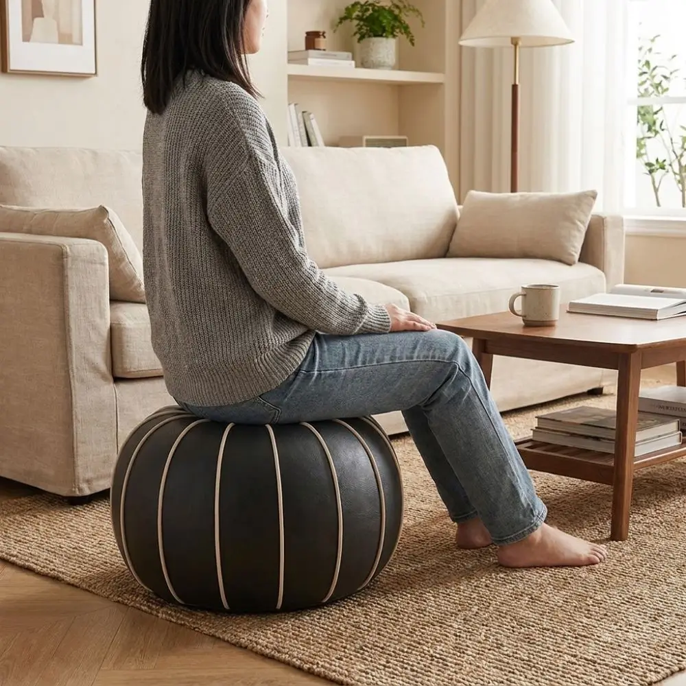 PU Leather Pouf Ottoman Cover Unstuffed Minimalist Sofa Footstool Cover Large Capacity Round Pumpkin Pouf Cover Home Use