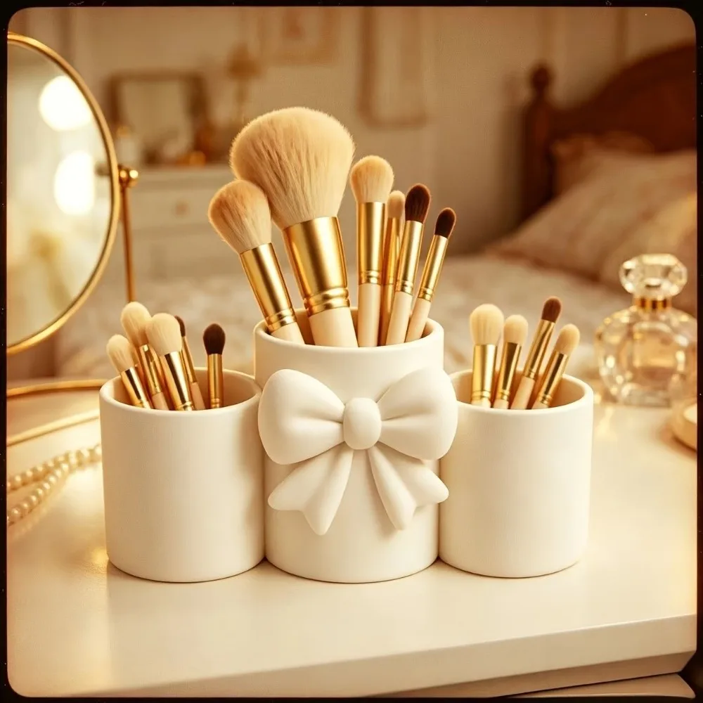 Embossed Bow Bow Storage Box Ornaments 3D Printed Makeup Brush Holder 3-Compartment Irregular Shape Pencil Organizer