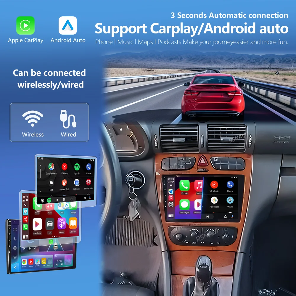 Android 16 Carplay Auto 2K Screen Car Radio Multimedia Player For Mercedes Benz C-Class W203 C200 C320 C350 Autoradio GPS Stereo