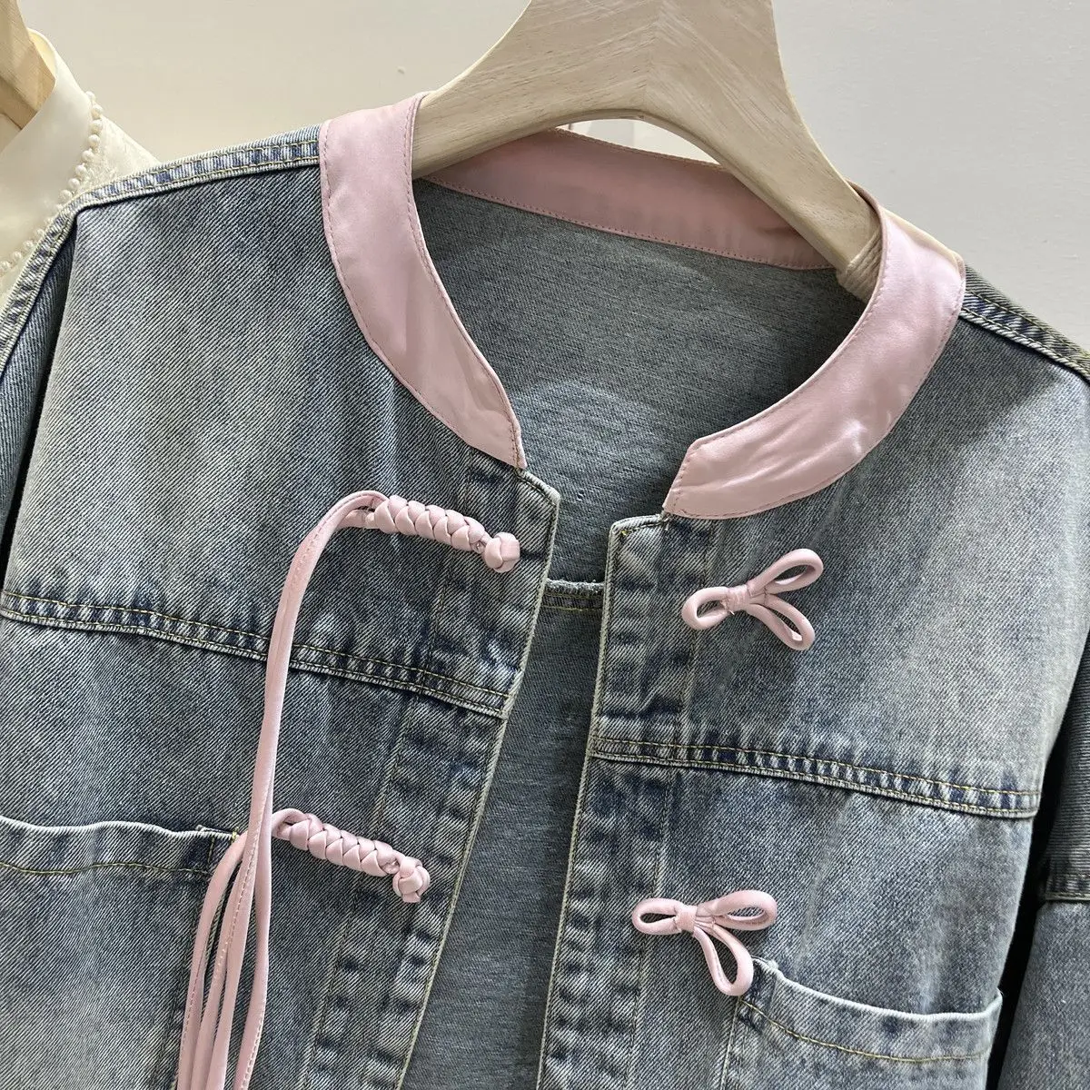 Short Buckle Denim Coat Women New Chinese Style stand collar Top 2024Spring  Bomber Outerwear Fashion Street Jeans Jacket female