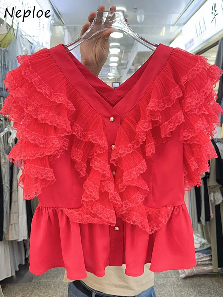 

Neploe Ruffles Patchwork Lace V Neck Ropa Mujer 2025 Summer New Minority Slim Blusas Elegant All-match Flying Sleeve Women Shirt