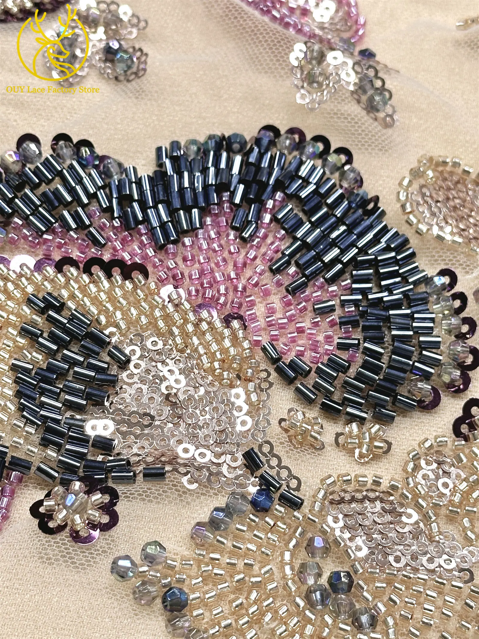 Exquisiter handgefertigter afrikanischer Spitzenstoff mit Perlen und Pailletten, 2026, modischer nigerianischer Tüll mit Blumenstickerei zum Nähen von Abendkleidern – Detail 10