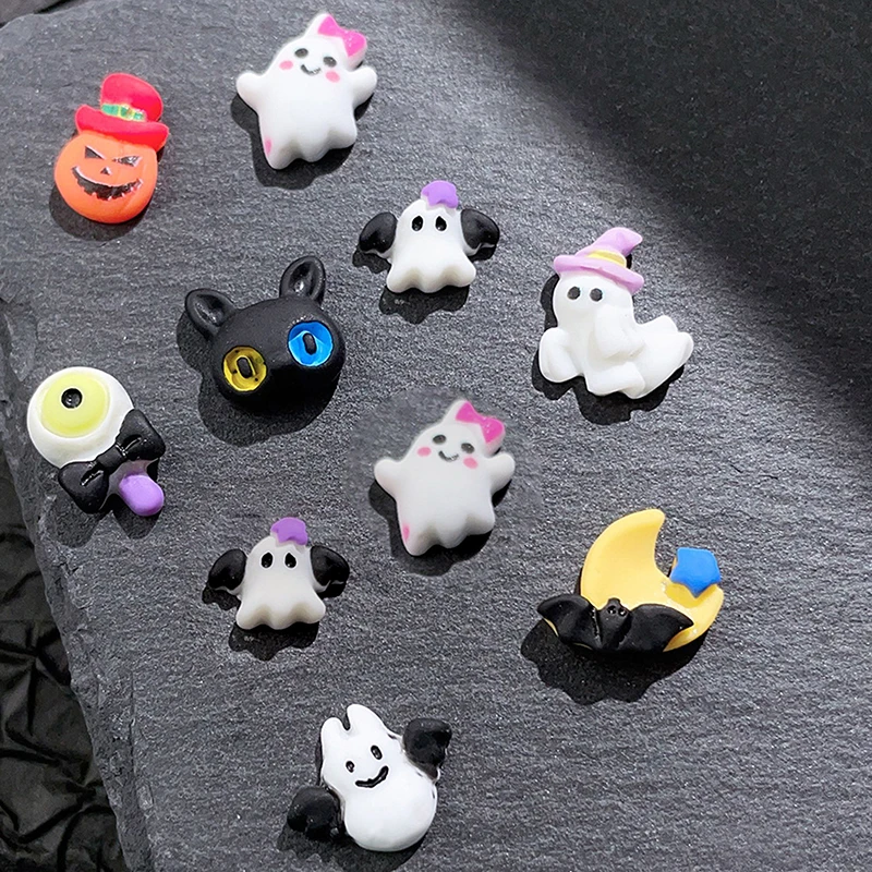 10PCS Halloween Cartoon Nail Accessories Cute Little Ghosts Ghostly Eyes Black Cats DIY Resin Manicure Jewelry Decoration