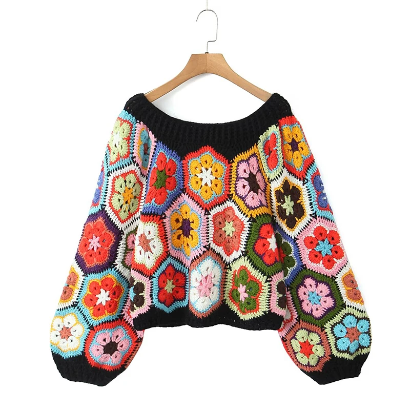 YENKYE Women Boho Multicolor Plaid Floral Handmade Crochet Crop Sweater Vintage Lantern Sleeve Loose Holiday Pullover Tops