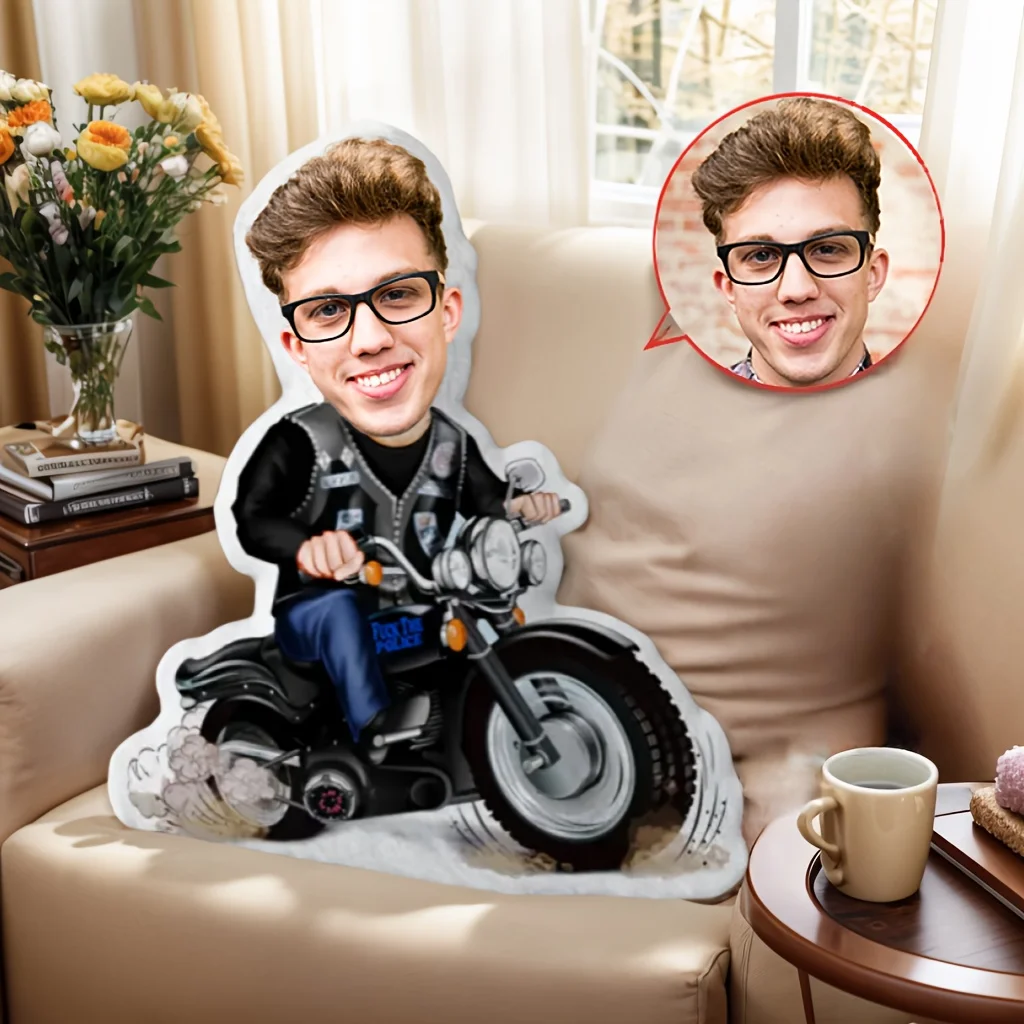 Customised Double-Sided Printed Couple's Motorcycle Portrait Cushion Adorable Face Design DIY Essential for Valentine's Day