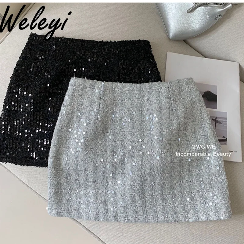 

Silver Sequins Paillette Short Skirt Women's Clothing 2024 Spring Autumn New Korean Style Elegant Slimming Gentle A- Line Skirts