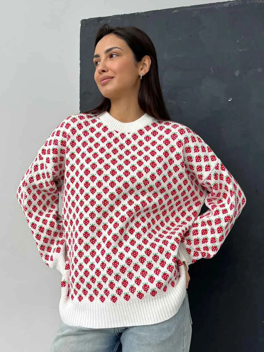 Yaminiya Mode Herfst Dames Aardbei Jacquard Trui Ronde Hals Trui Lange Mouwen Gebreide Trui Losse Gedrukte Trui