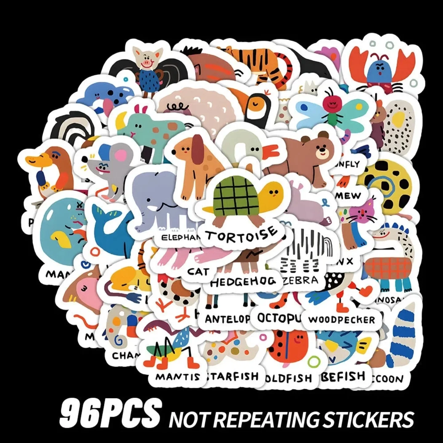96Pcs Abstract Watercolor Animal English Early Learning Stickers Decals for Notebook Stationery Journal DIY Decor