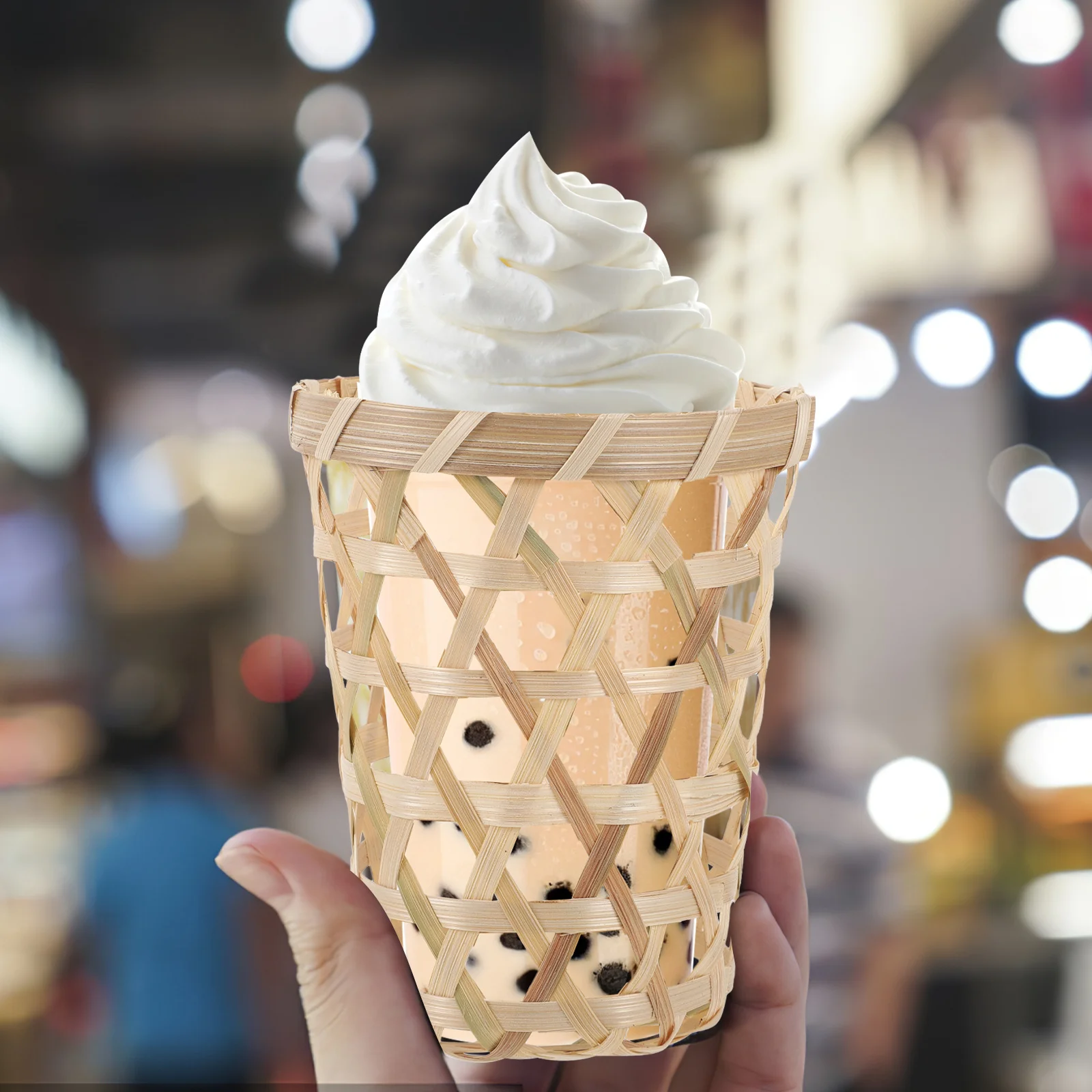 

2Pcs Bamboo Woven Milk Tea Cup Holders Handcrafted Beverage Drink Holder for Home Garden Bamboo Coasters