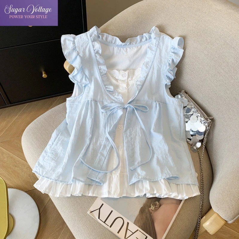 الكورية الحلو Cottagecore قميص بدون أكمام المرأة الأزرق منقوشة كشكش تقليم التعادل الجبهة وهمية قطعتين بيبي دول بلوزة مع بطانة الدانتيل
