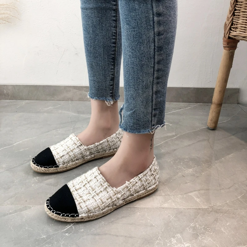 Women's Cloth Shoes Fashion Strip Plaid Tweed Straw Shoes Retro Flax Espadrilles Female Flats Slip-on Loafers Beach Casual Shoes