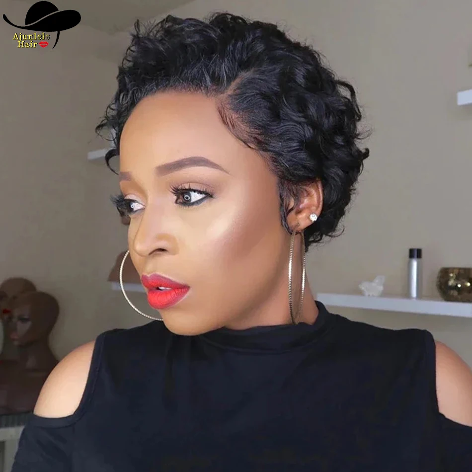 

13x1 Transparent Lace Peruvian Hair Pixie Cut Kinky Curly Remy Hair Wig Wigs 100% Human Hair Machine Made Wig For Black Women