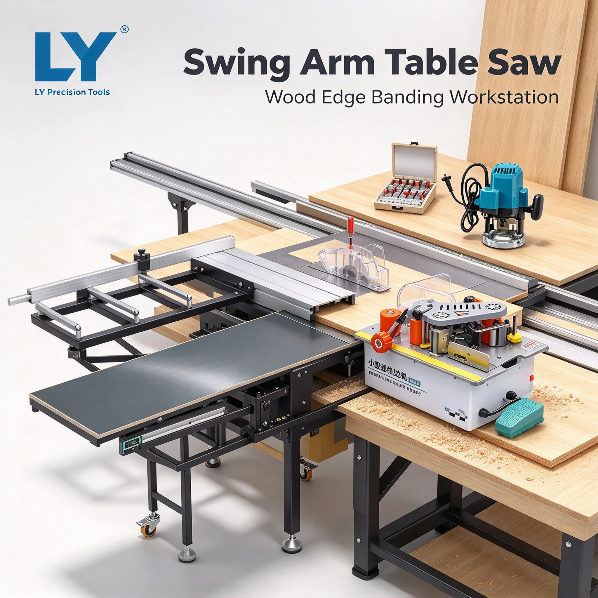 Swing for High Precision Wood Panel Cutting Operation Arm Table Saw with 4-Way Adjustable Arm Dual Blades Design