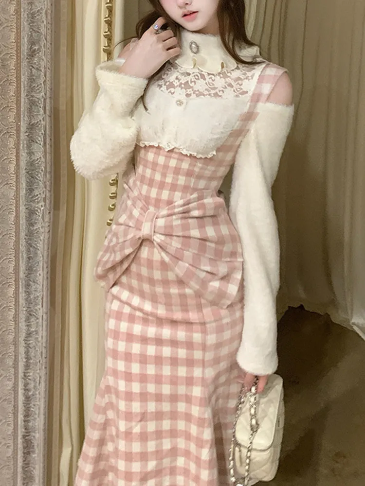 

Japanese Off-the-shoulder Dress Sweet Kawaii Lace Splicing Plaid Big Bow Dress Autumn Winter Daily Hip-wrapped Fishtail Dress