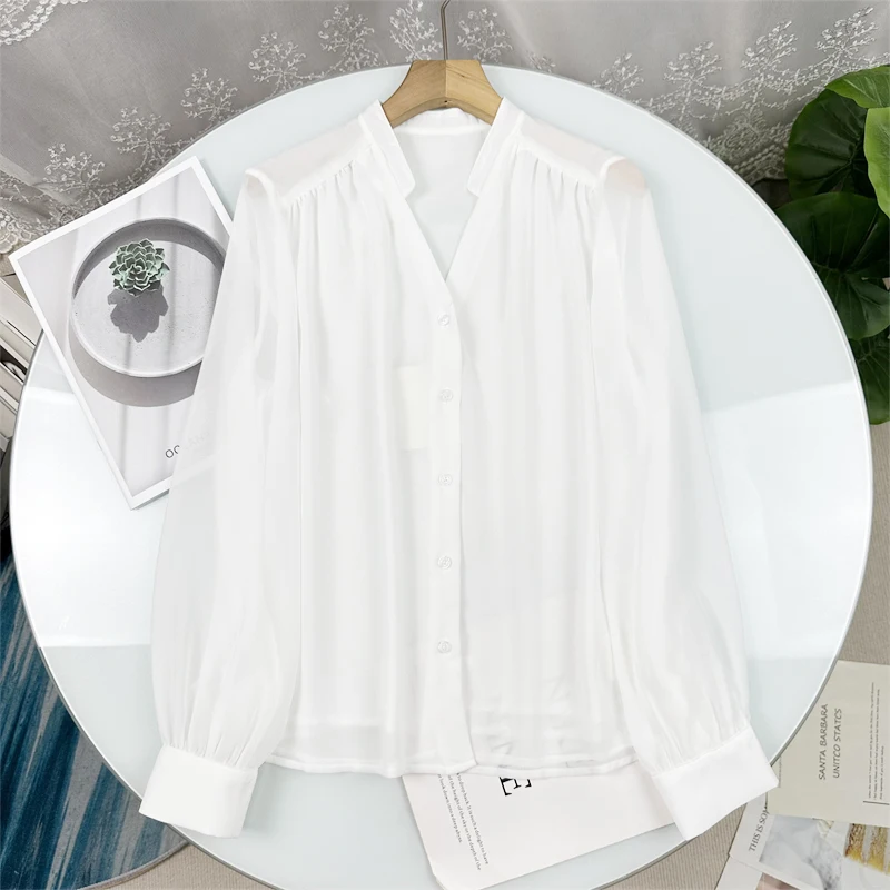 

Elegant White V-Neck Sun Protection Shirt Women's Business Casual Loose Fit Long Sleeve Button up Shirt Early Autumn Fashion